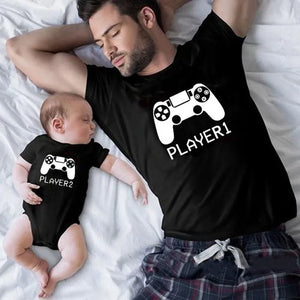 1Pc Player 1 Player 2 Funny Father Son Look Tshirt Summer Short Sleeve T-Shirt For Daddy Baby Bodysuit Family Matching Clothes