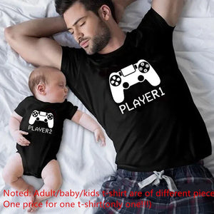 1Pc Player 1 Player 2 Funny Father Son Look Tshirt Summer Short Sleeve T-Shirt For Daddy Baby Bodysuit Family Matching Clothes