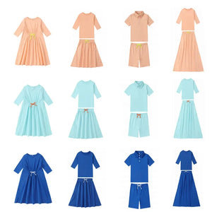 Spring Summer Cotton Solid Casual Clothing Boys Girls Fashion Family Matching Clothes Dress Set