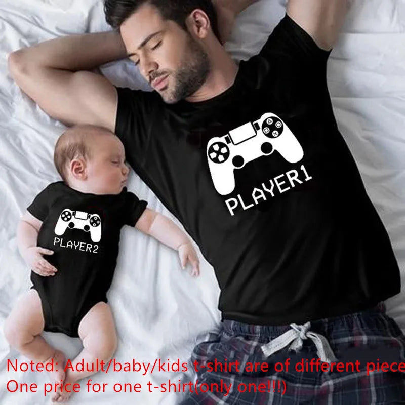 1Pc Player 1 Player 2 Funny Father Son Look Tshirt Summer Short Sleeve T-Shirt For Daddy Baby Bodysuit Family Matching Clothes