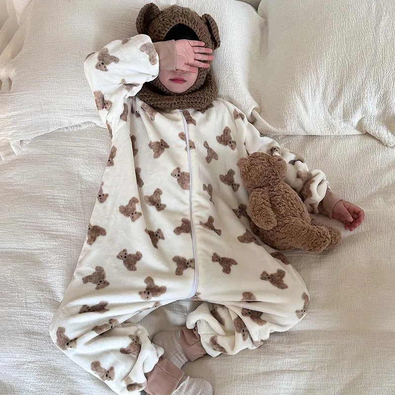 Winter Children Pajamas Autumn Flannel Thickened Split Leg Zipper Sleeping Bag Kids Baby Girls Boys Warm Plush Toddler Jumpsuit