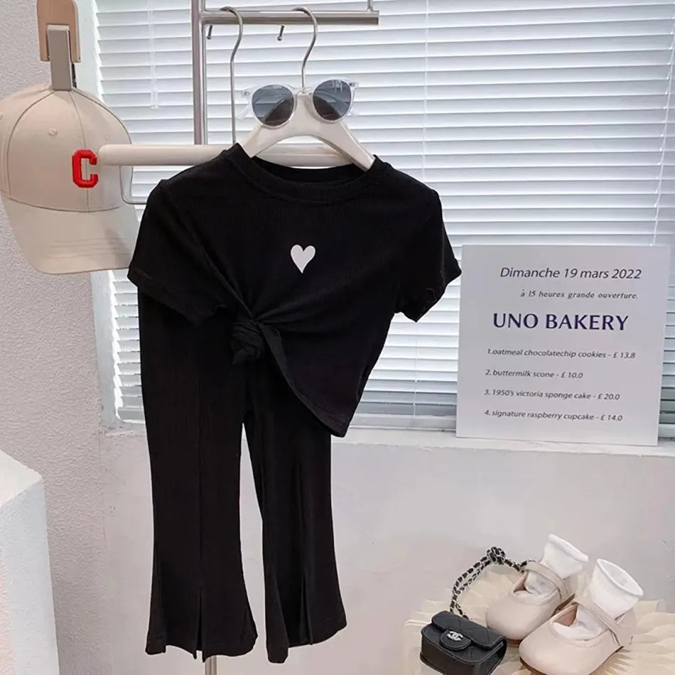 Children Outfit Kids Heart Fashion Suit Baby Long Sleeve 2 Pcs T Shirt and Pants Girls Tops and Bottoms Korean Clothing Set