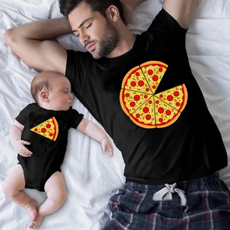 Funny Pizza and Pizza Slice Print Family Matching Shirts Cotton Dad and Daughter Son Kids Tshirts Baby Rompers Father&#39;s Day Gift