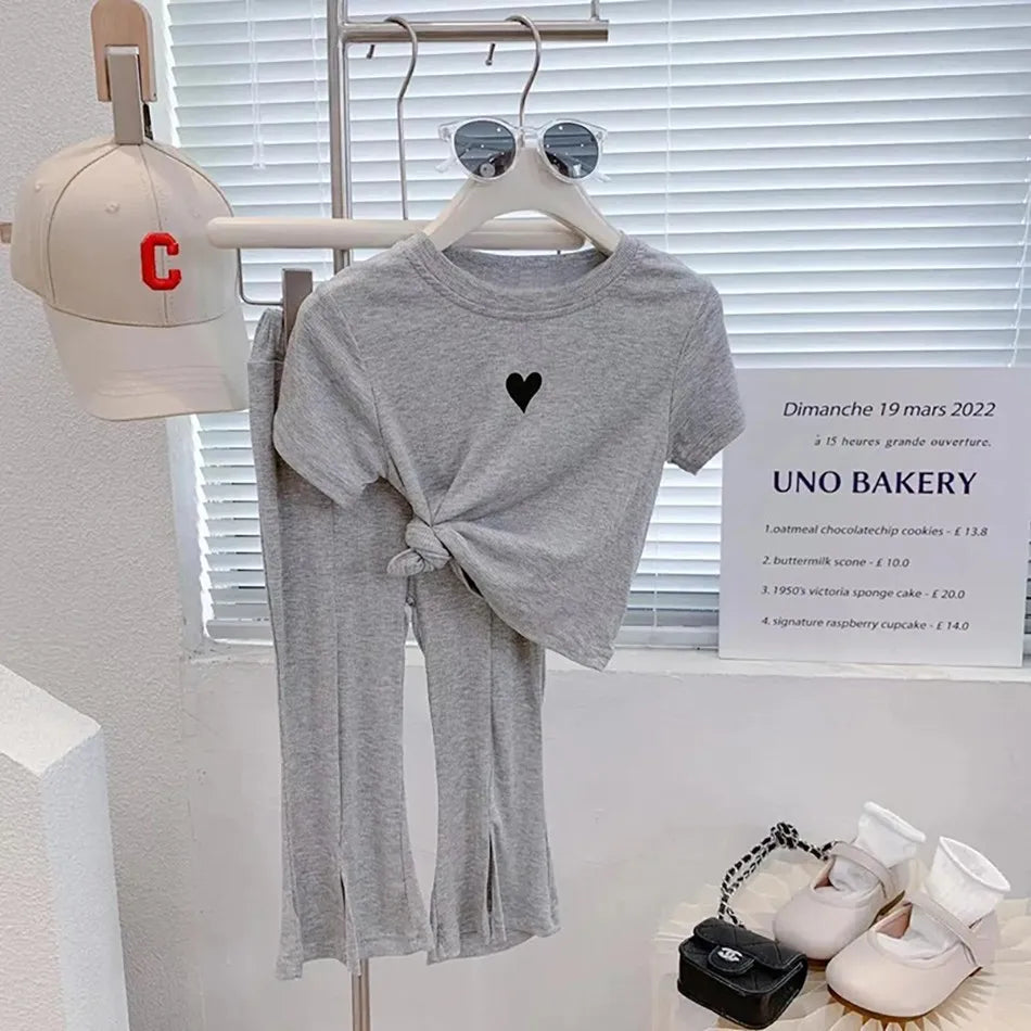 Children Outfit Kids Heart Fashion Suit Baby Long Sleeve 2 Pcs T Shirt and Pants Girls Tops and Bottoms Korean Clothing Set