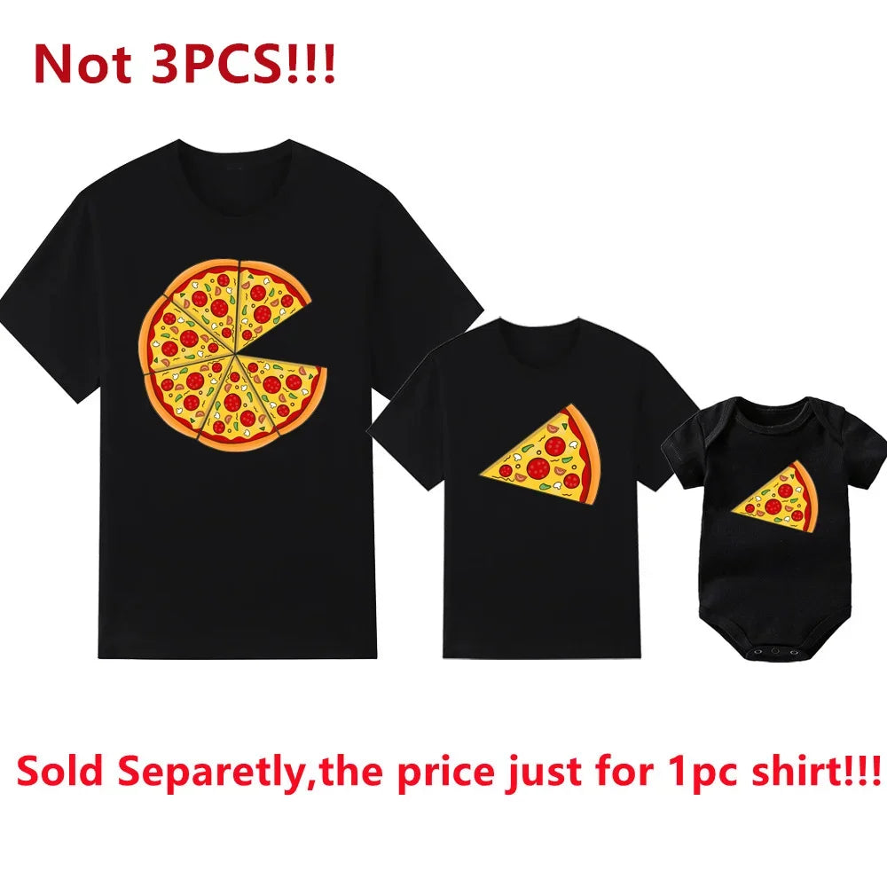 Funny Pizza and Pizza Slice Print Family Matching Shirts Cotton Dad and Daughter Son Kids Tshirts Baby Rompers Father&#39;s Day Gift