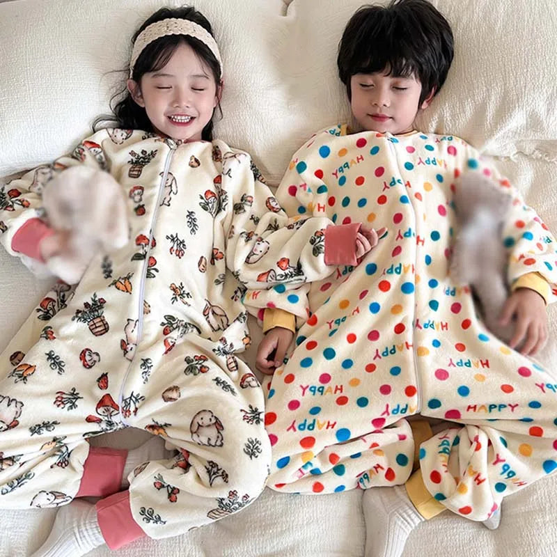 Winter Children Pajamas Autumn Flannel Thickened Split Leg Zipper Sleeping Bag Kids Baby Girls Boys Warm Plush Toddler Jumpsuit