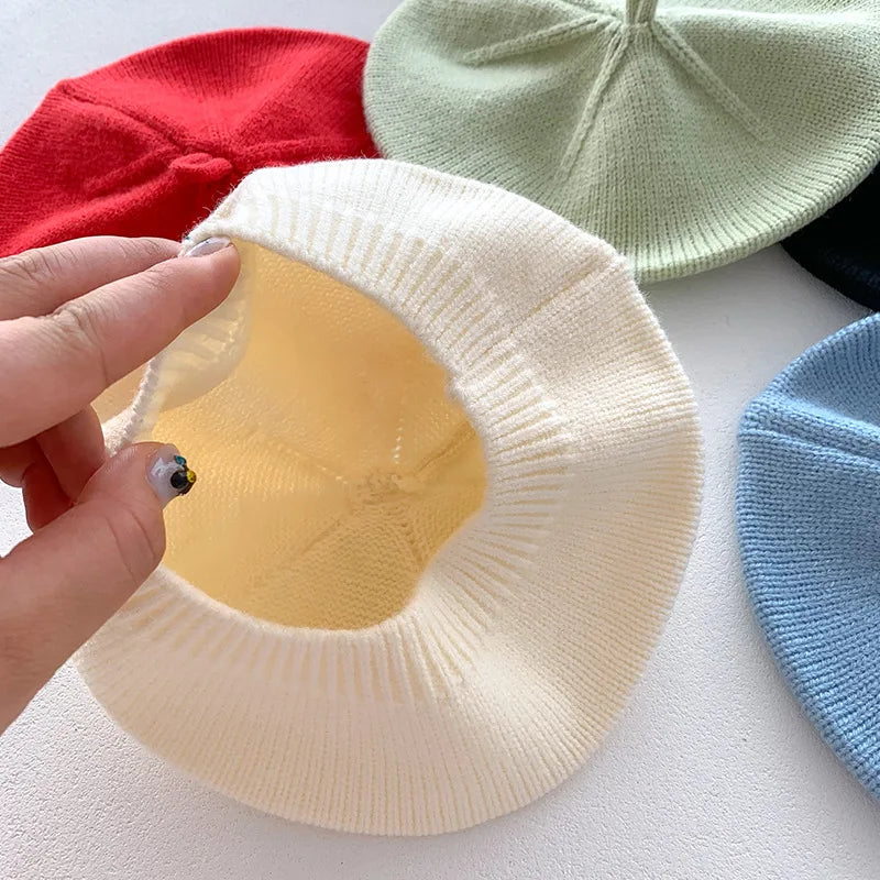 Fashion Baby Knitted Beret Hat Solid Color Children&#39;s Warm Hats Autumn Winter Painter Cap For Girls Kids Bonnet Accessories