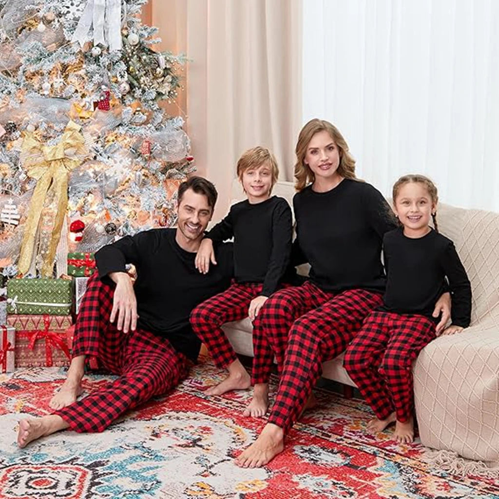Combhasaki Family Matching Christmas Pajamas Loungewear Set Long Sleeve Solid Color T-Shirt Tops + Plaid Pants Holiday Sleepwear