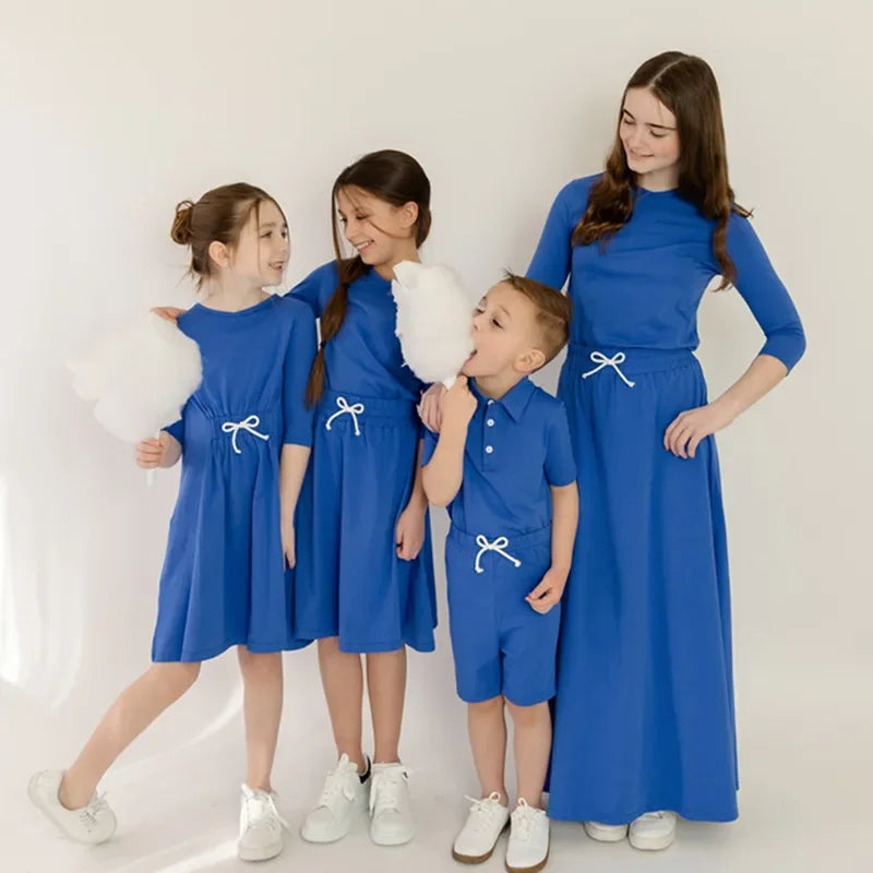 Spring Summer Cotton Solid Casual Clothing Boys Girls Fashion Family Matching Clothes Dress Set