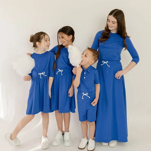 Spring Summer Cotton Solid Casual Clothing Boys Girls Fashion Family Matching Clothes Dress Set