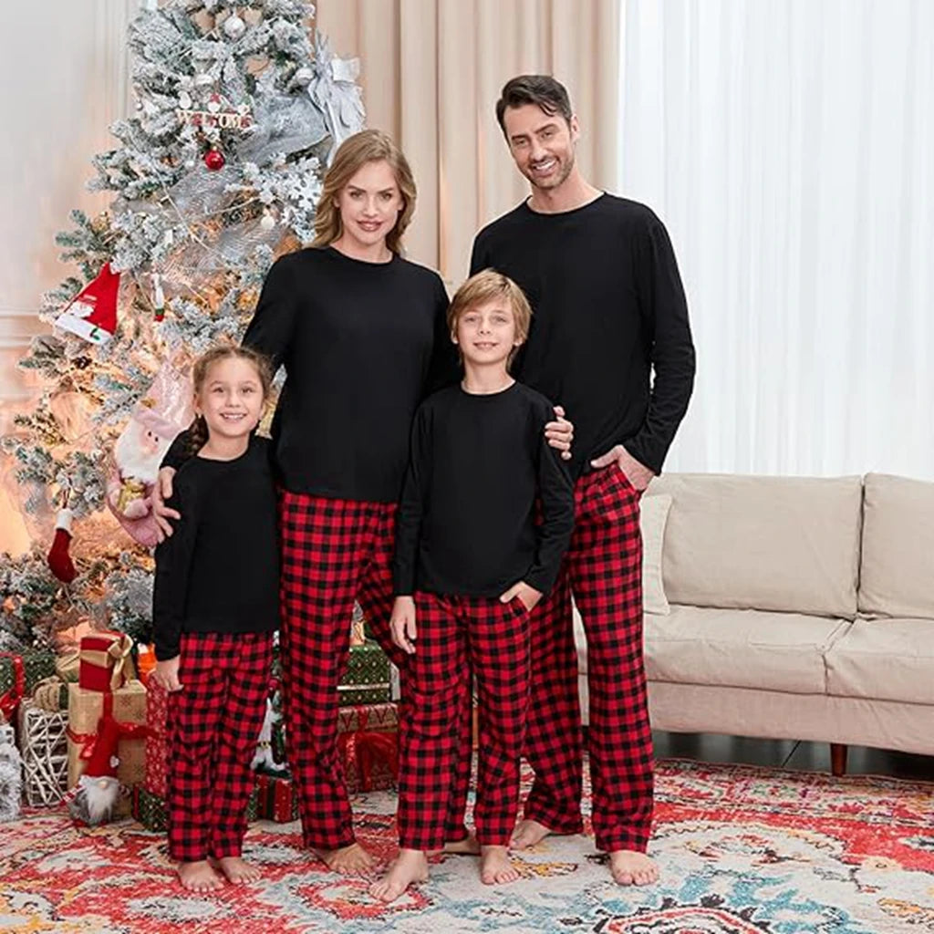 Combhasaki Family Matching Christmas Pajamas Loungewear Set Long Sleeve Solid Color T-Shirt Tops + Plaid Pants Holiday Sleepwear