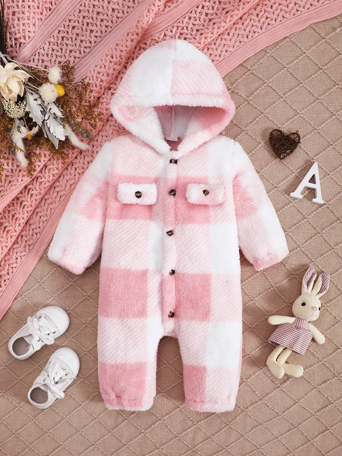 Baby Plaid Romper Hooded Long Sleeved
