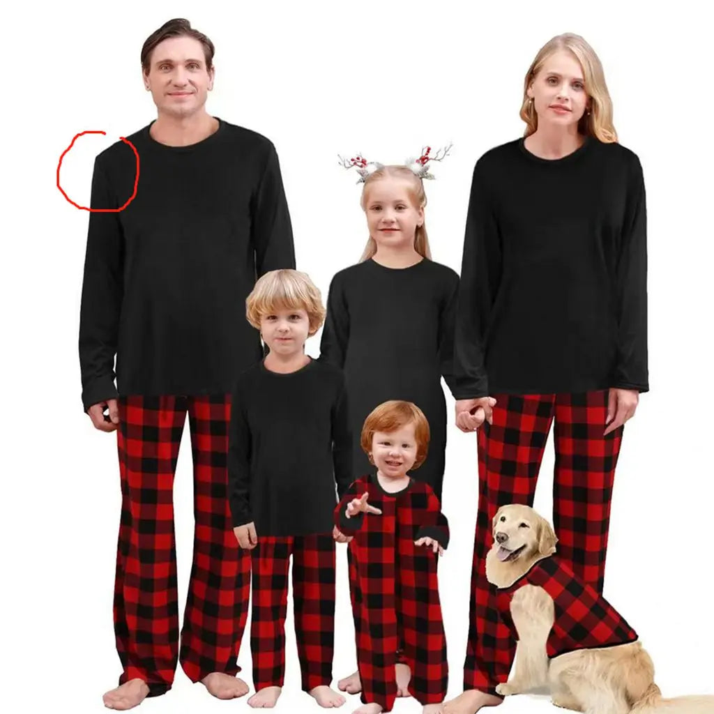 Combhasaki Family Matching Christmas Pajamas Loungewear Set Long Sleeve Solid Color T-Shirt Tops + Plaid Pants Holiday Sleepwear