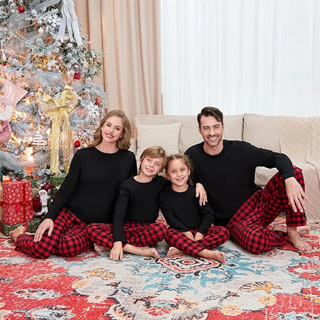 Combhasaki Family Matching Christmas Pajamas Loungewear Set Long Sleeve Solid Color T-Shirt Tops + Plaid Pants Holiday Sleepwear