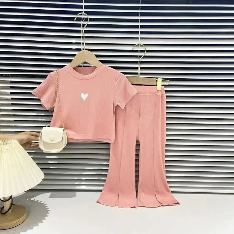 Children Outfit Kids Heart Fashion Suit Baby Long Sleeve 2 Pcs T Shirt and Pants Girls Tops and Bottoms Korean Clothing Set