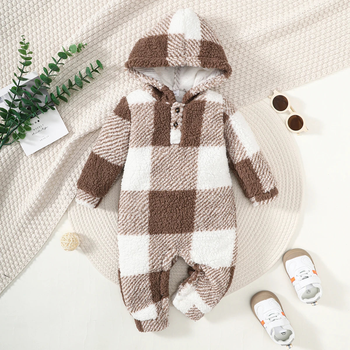 Baby Plaid Romper Hooded Long Sleeved