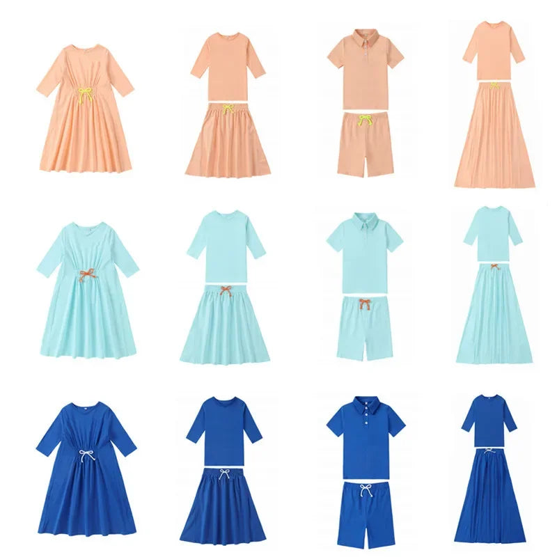 Spring Summer Cotton Solid Casual Clothing Boys Girls Fashion Family Matching Clothes Dress Set