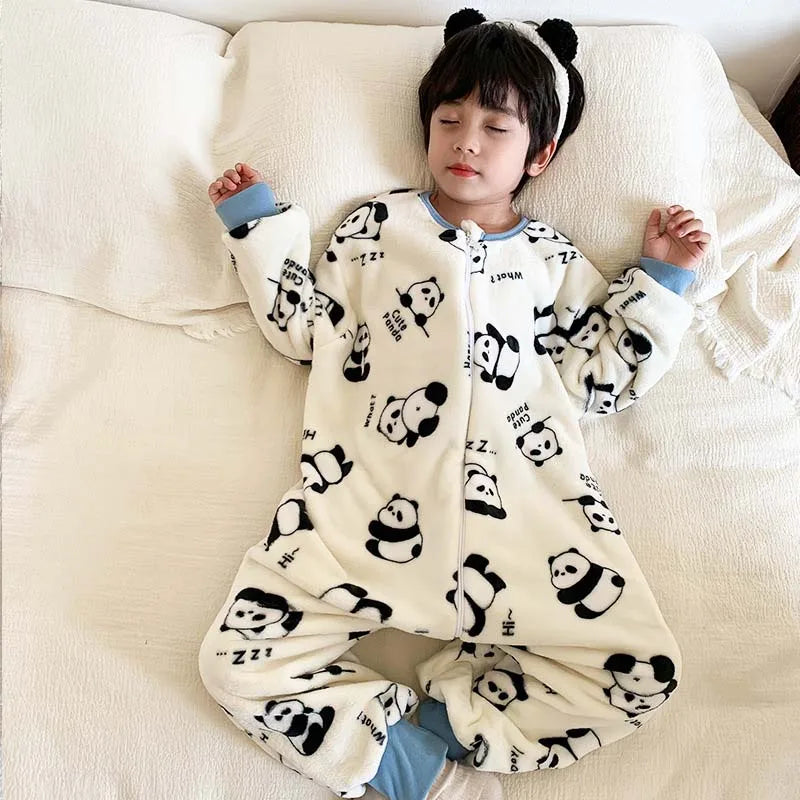 Winter Children Pajamas Autumn Flannel Thickened Split Leg Zipper Sleeping Bag Kids Baby Girls Boys Warm Plush Toddler Jumpsuit