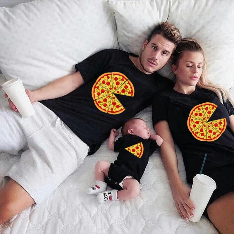 Funny Pizza and Pizza Slice Print Family Matching Shirts Cotton Dad and Daughter Son Kids Tshirts Baby Rompers Father&#39;s Day Gift