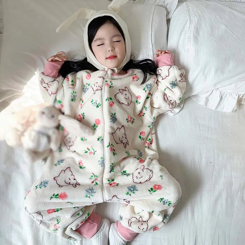 Winter Children Pajamas Autumn Flannel Thickened Split Leg Zipper Sleeping Bag Kids Baby Girls Boys Warm Plush Toddler Jumpsuit