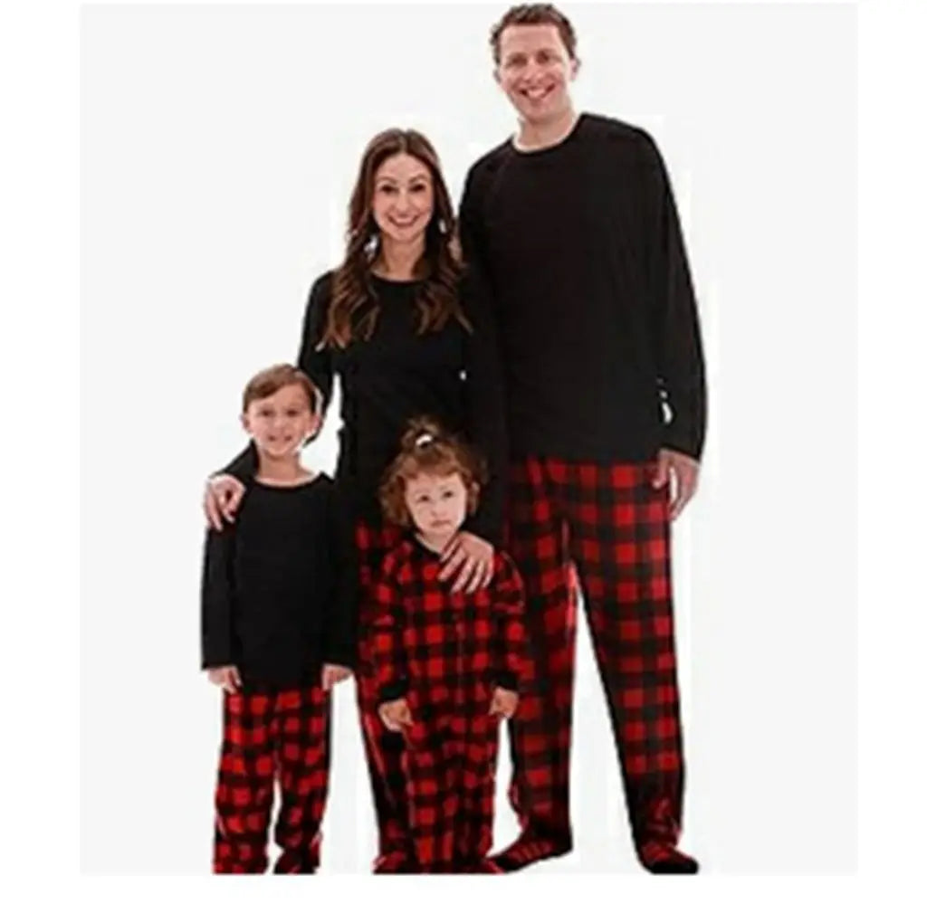 Combhasaki Family Matching Christmas Pajamas Loungewear Set Long Sleeve Solid Color T-Shirt Tops + Plaid Pants Holiday Sleepwear