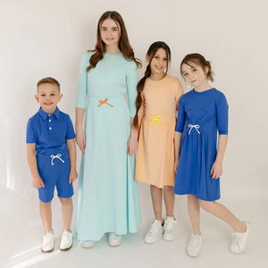 Spring Summer Cotton Solid Casual Clothing Boys Girls Fashion Family Matching Clothes Dress Set