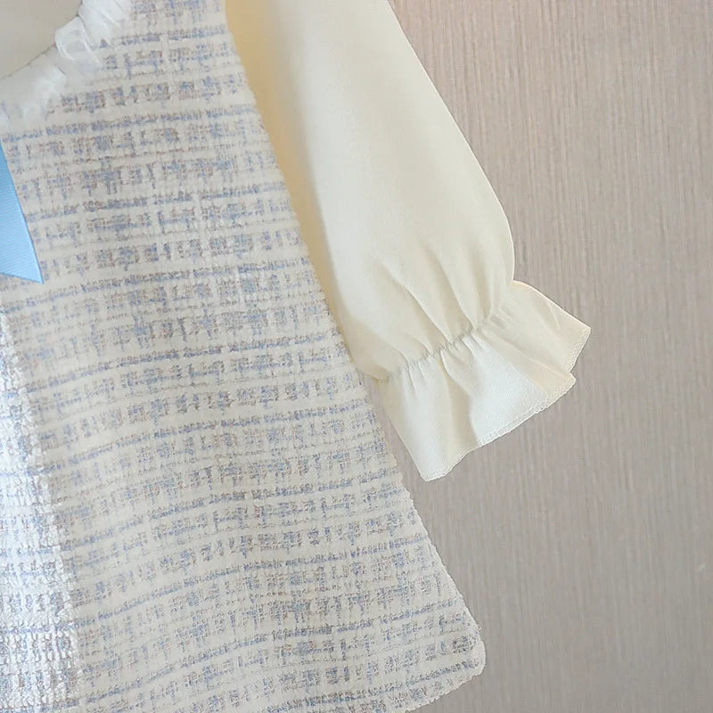 Girls Long Sleeve Skirt Cute Loose Dress Outer Wear Spring New Korean Style Clothing Kids Casual Fashion Round Neck Bow Skirt