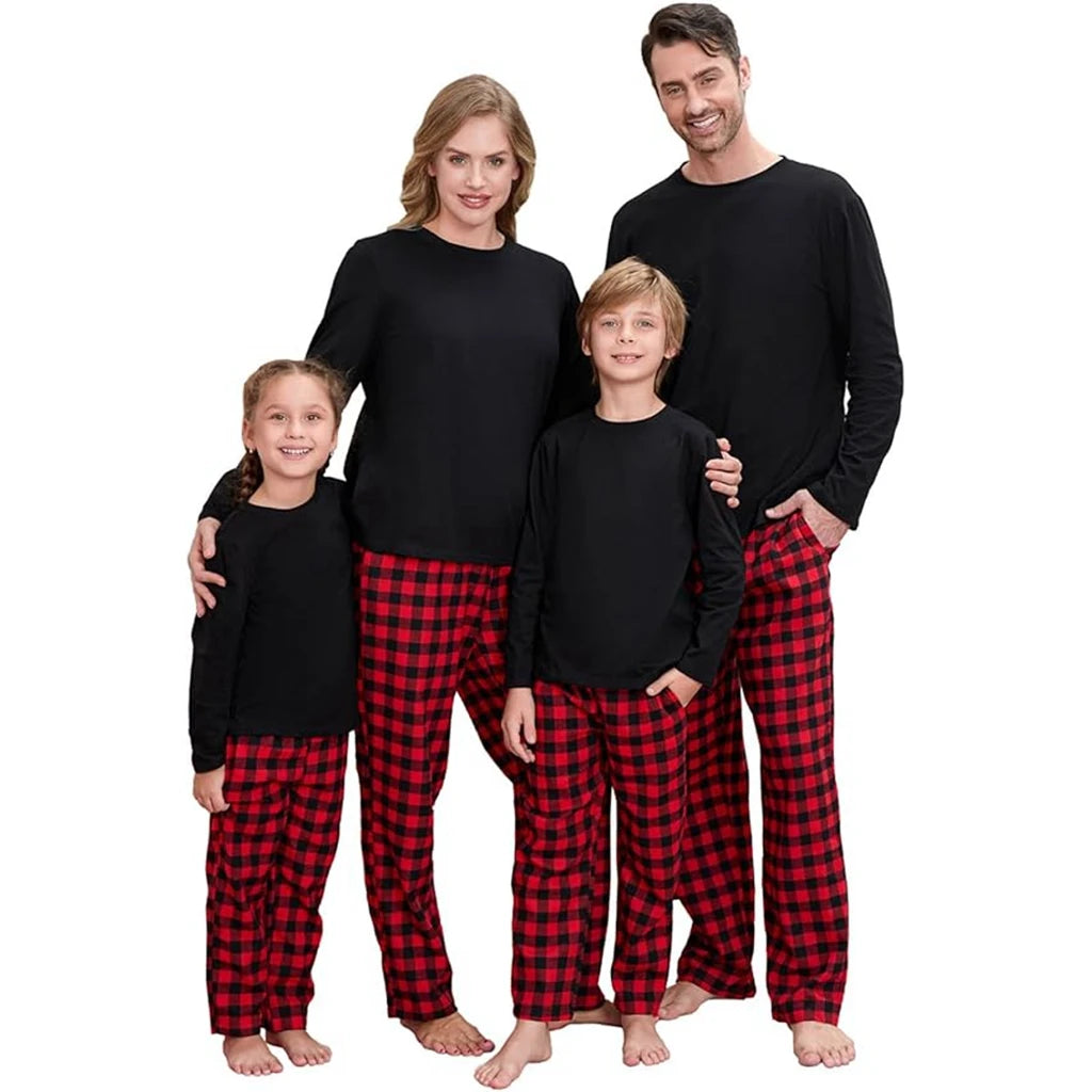 Combhasaki Family Matching Christmas Pajamas Loungewear Set Long Sleeve Solid Color T-Shirt Tops + Plaid Pants Holiday Sleepwear