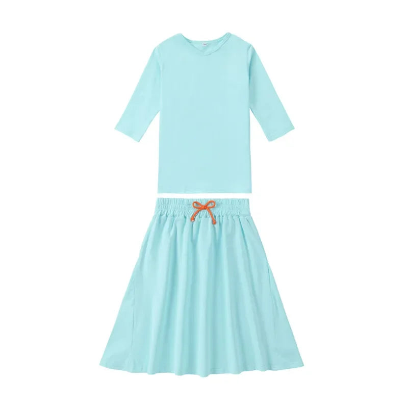 Spring Summer Cotton Solid Casual Clothing Boys Girls Fashion Family Matching Clothes Dress Set
