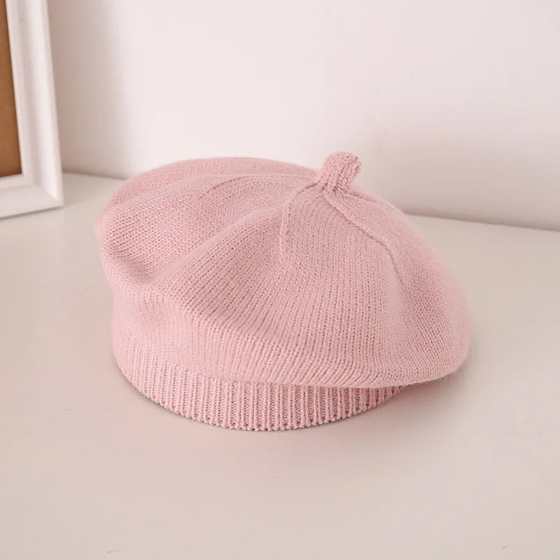Fashion Baby Knitted Beret Hat Solid Color Children&#39;s Warm Hats Autumn Winter Painter Cap For Girls Kids Bonnet Accessories