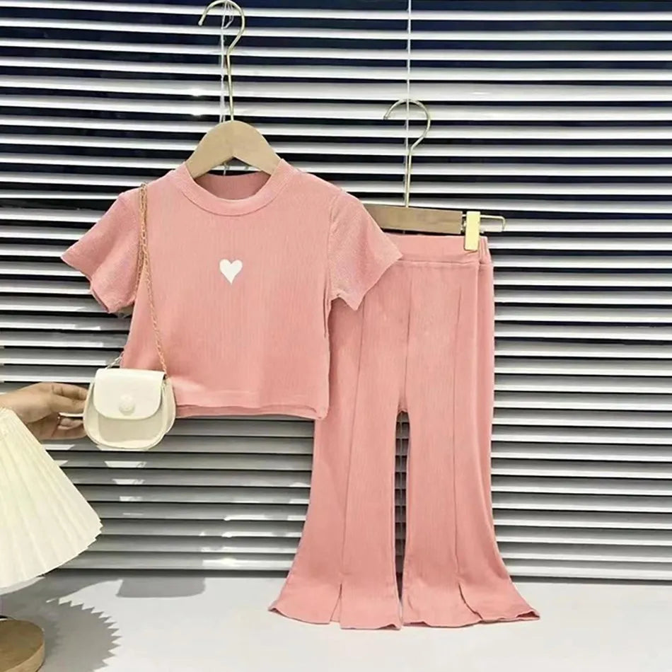 Children Outfit Kids Heart Fashion Suit Baby Long Sleeve 2 Pcs T Shirt and Pants Girls Tops and Bottoms Korean Clothing Set