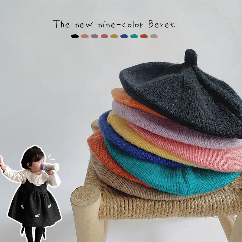 Fashion Baby Knitted Beret Hat Solid Color Children&#39;s Warm Hats Autumn Winter Painter Cap For Girls Kids Bonnet Accessories